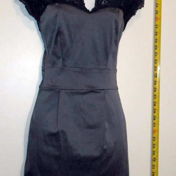 MY STORY Grey Satin/Black Lace Mini SZ SMALL BACK LESS DRESS - Picture 4 of 10